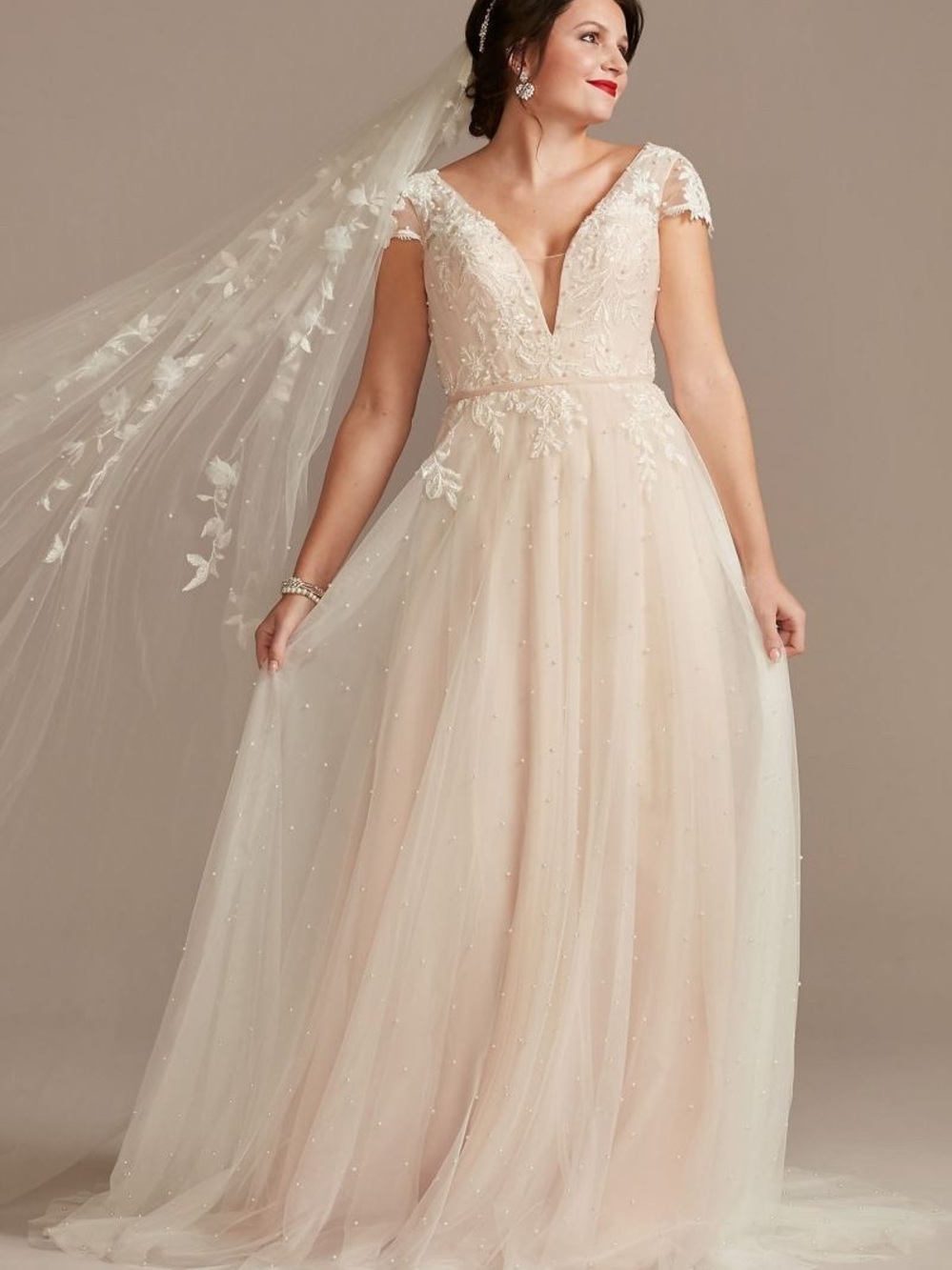 Oleg Cassini Ivory Cap Sleeve Pearl Tulle Wedding Dress with Low Back